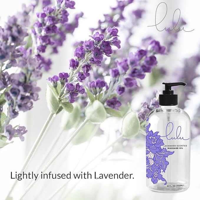 Lulu Lavender Massage Oil with Jojoba & Lavendar Oils, Nourishing Aromatic Non-Greasy Body Oil, Smooth Skin & Relaxation, Aromatherapy for Date Night, Couples Massage & Massage Therapy, 16 fl oz Pump