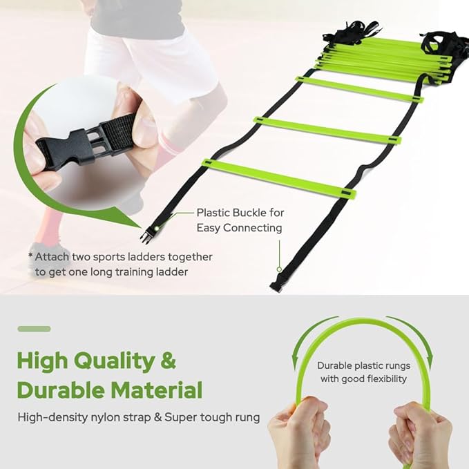GHB Agility Ladder 1 Pack and Hex Agility Rings 1 Pack 12 Rung 20ft with 3 Carrying Bag