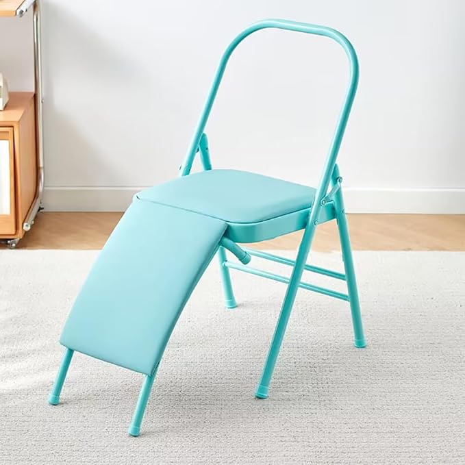 Pilates Yoga Chair,Professional Iyengar Auxiliary Chair,Hardened Thick Yoga Folding Chair,Solid Anti-Slip, Stable,Foldable and Portable Backless Chair,Blue- Yoga Chair (with Waist Drag)