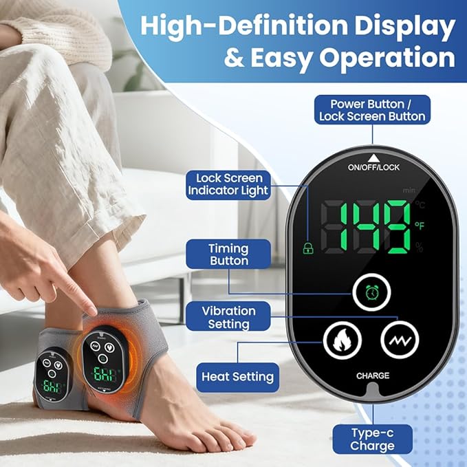 2PCS Cordless Ankle Heating Pad with Massager, Foot and Ankle Massager with Heat, Rechargeable Heated Foot Brace Wrap, 3 Vibration and 4 Heating Modes