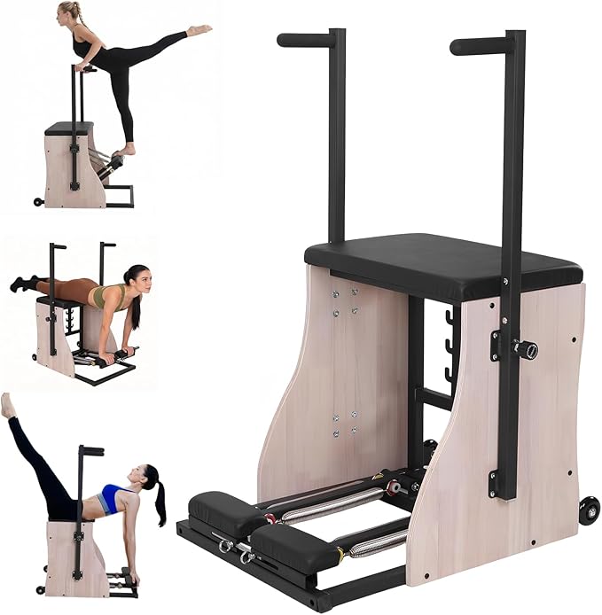 Generic Oak Wood Pilates Chair with 4 Level Handles Split Pedals Adjustable Resistance Pilates Stabilizer Chair for Home Workouts and Studio Use