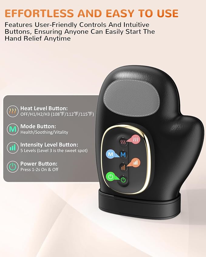Hand Massager with Heat and Compression: Cordless Hand Massage Glove with 3 Modes, 5 Intensity & 3 Heat Therapy for Arthritis Carpal Tunnel Pain Relief-Valentine's Birthday Gifts for Women, Men(Black)