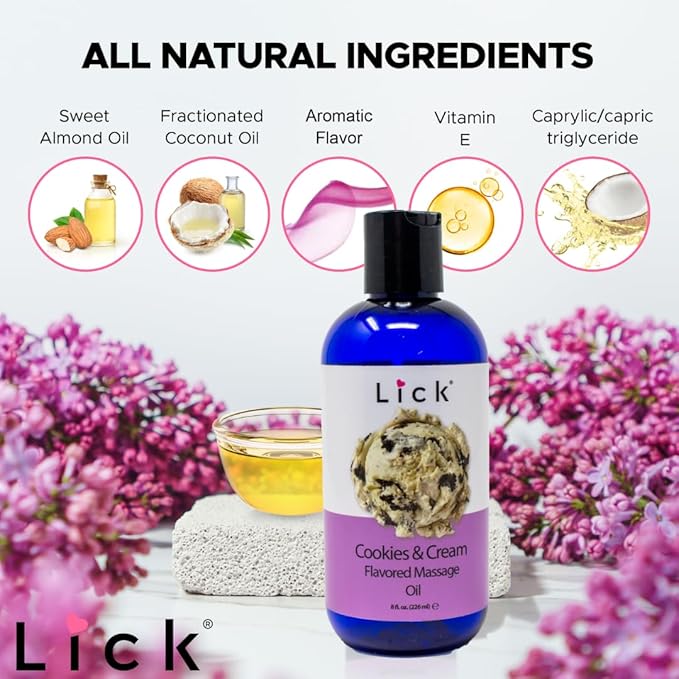 Lick Cookies and Cream Flavored Massage Oil – Creamy Dessert Edible Massage Oil with Sweet Almond Oil & Vitamin E, Smooth Glide for Couples Massage, 8 oz