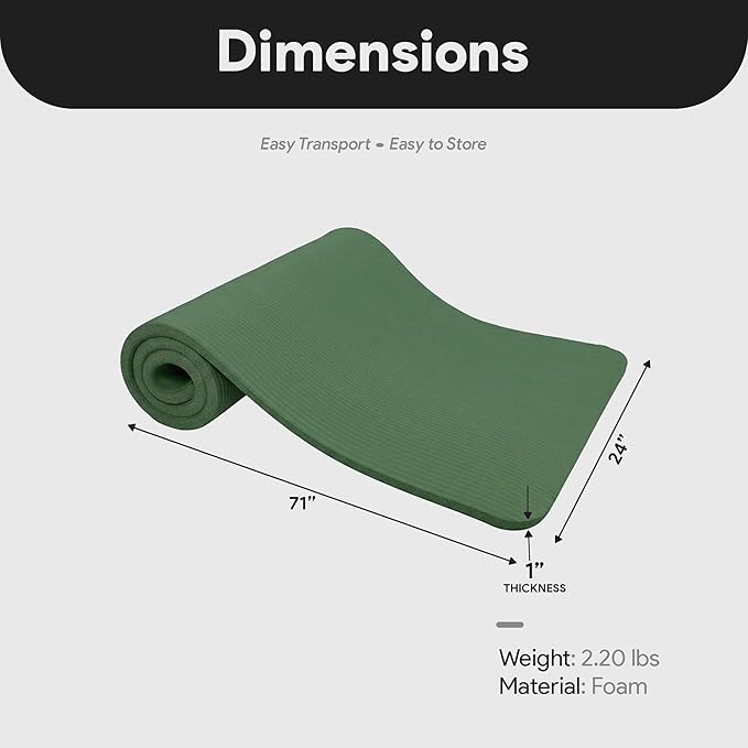 BalanceFrom 71x24 Inches Extra Thick Yoga Mat 1-Inch High-Density Foam – Roll-Up Exercise Pad with Double-Sided Non-Slip Surface and Carrying Strap for Pilates and Home Workouts, Multiple Colors