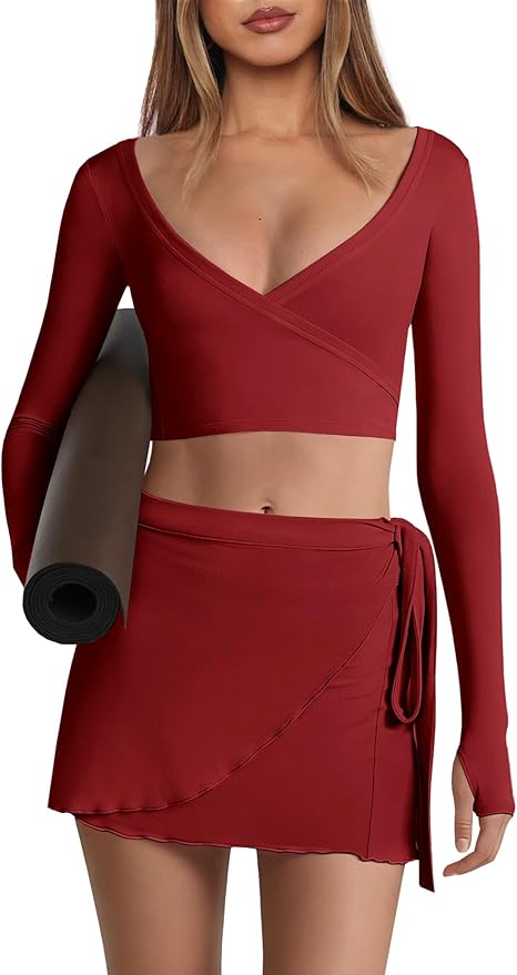 Nirovien Womens 2 Piece Workout Sets Sexy Pilates Outfits Athletic Gym Yoga Sets Ballet Wrap Top and Skirt