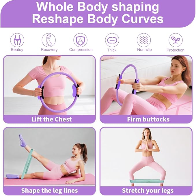 Pilates Essentials Kit for Women, Home Pilates Kit with 12.9" Ring and 9.8" Mini Ball, 4 Fabric Loop Bands, Figure-8 Band, Stretch Strap, Jump Rope, Carry Bag