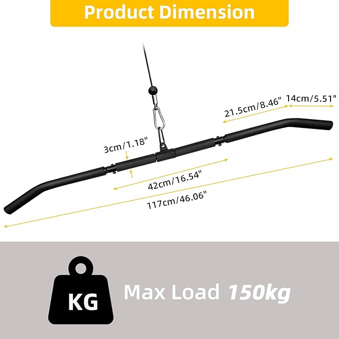 46" Lat Pulldown Attachments Bar For Cable Machine,2 in 1 Wide Grip Rotating Bar For Homr Gym Pulley System,Tricep Press Down Straight Bar With Foam Handle (Black, 46")