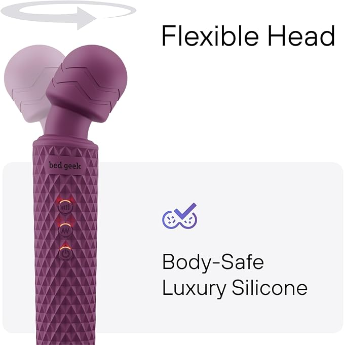 bed geek Cordless Personal Massage Wand – Waterproof & USB Rechargeable, Skin-Soft Silicone, 20 Vibration Patterns, 8 Speed Settings, Memory Function for Relaxation and Muscle Comfort