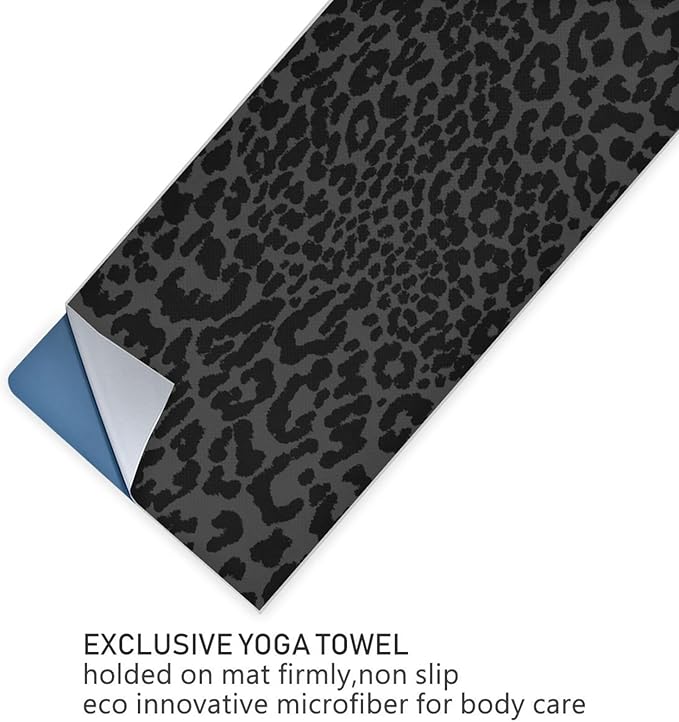 YETTASBIN Leopard Black Yoga Mat Towel, Non Slip Sweat Absorbent Hot Yoga Towel Portable Lightweight Travel Workout Towel with Storage Bag for Home Yoga, Pilates, Fitness 73x 27 Inch