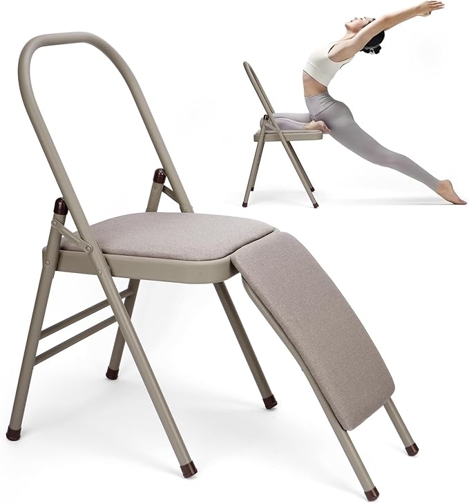 tonchean Yoga Auxiliary Chair with Lumbar Back Support Professional Thickened Foldable Balance Handstand Training Tool Abs & Core Strength Training for Seniors and Adults（Gray）