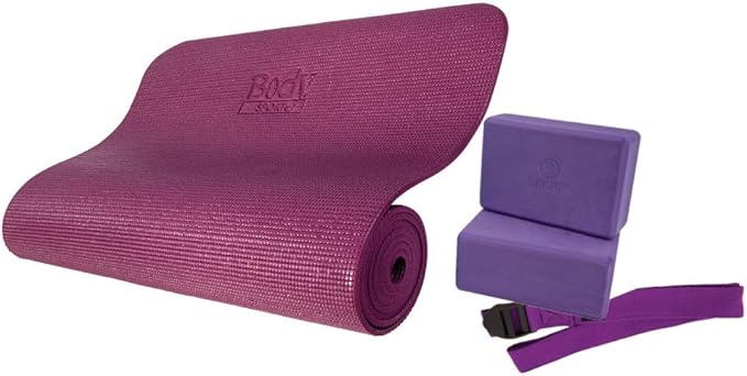 Body Sport 4-Piece Yoga Kit, (1) 72 in. x 1/4 in. Fitness Mat, (2) Purple Blocks, (1) 6 ft. Exercise Strap - Beginner Set for Home Fitness & Gym Workouts
