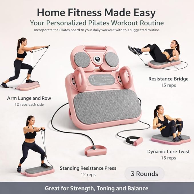 Pilates Exercise Board for Women – Adjustable Resistance Home Workout Board with Resistance Bands, Full Body Toning, Core Strength & Flexibility Training for Indoor Fitness