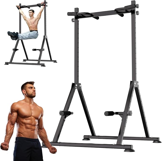 Folding Power Tower Dip Station Pull Up Bar, Multifunctional Pull Up Tower Adjustable Height, Triangular Structure Strength Training Workout Equipment for Home Gym Fitness