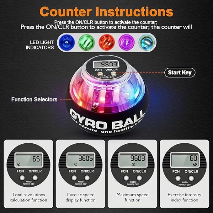 Torqueball Hand Exerciser with Counter, Auto Start Gyro & Torque Ball Hand Trainer Wrist Power Gyro Ball Hand Forearm Strengthener for Strengthen Arms Colorful Lighting Bones and Muscles (Black)