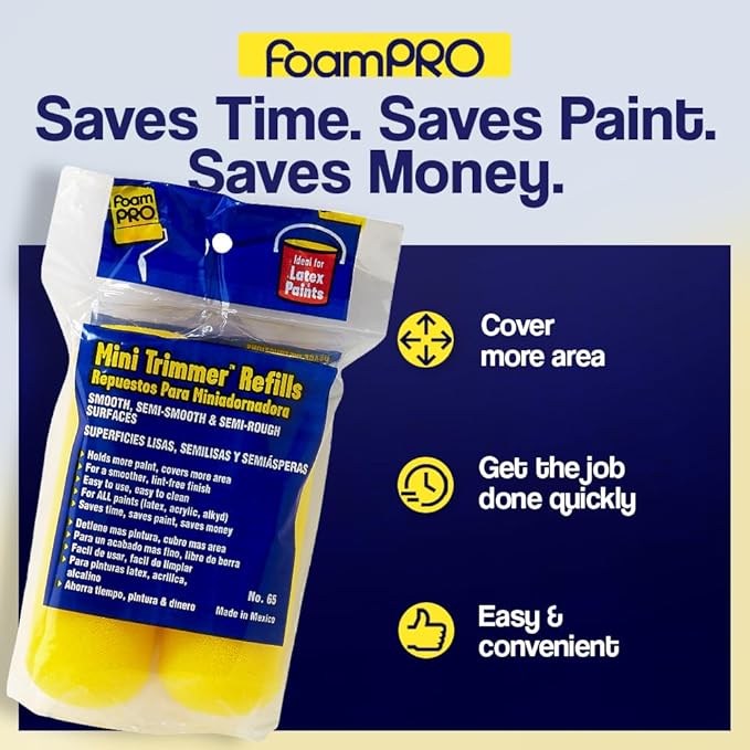 FoamPRO 65 Mini Trimmer Refill - 4-Inch Paint Rollers for Precision Painting- with 3/8 in Nap - Pack of 2, Yellow