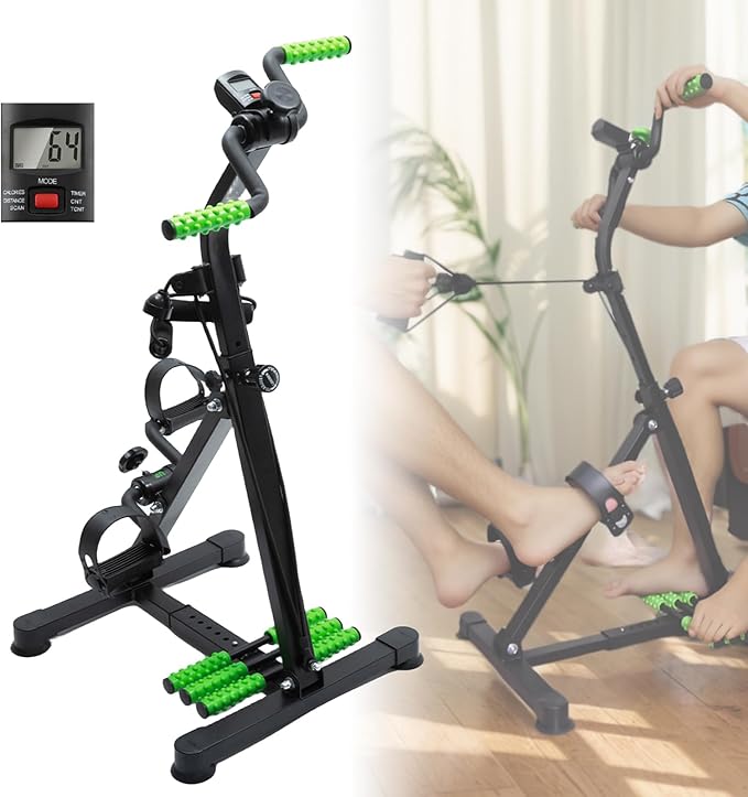 GeRRiT Pedal Exercise Bike for Seniors, Home Exercise Equipment for ElderlyHand Arm Leg and Knee Fitness Machine with Massage, LCD Monitor., black+green