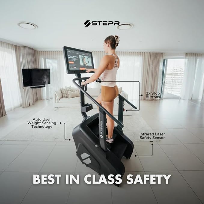 STEPR+ Stair Master with 27" Touchscreen, Commercial Grade Stairmaster Machine for Home, 140 Steps/Min, Bluetooth & WiFi Stepper Machine, Resistance Band Attachments, Mobile App, 375 lb Capacity