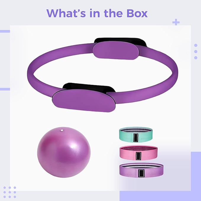 Pilates Loop and Ball Set, 5 Pcs Home Workouts Kit with Resistance Bands, 15 in Pilates Loop, Exercise Guide Included, Gift Box Package