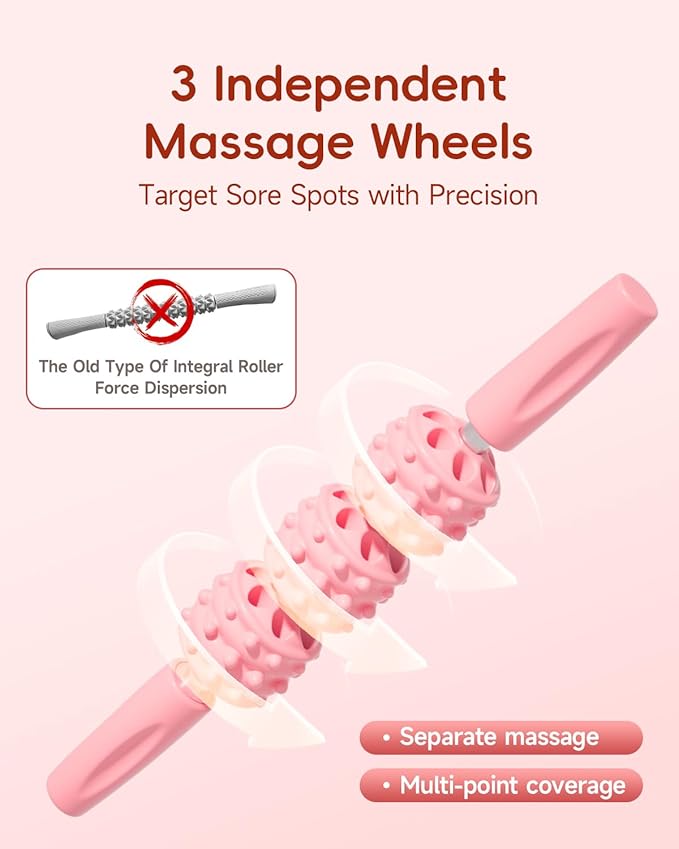 Muscle Roller Stick for Legs,11.6IN Physical Massager 3-Balls Massage Roller Stick Trigger Point Massage Fascia Roller for Leg Calf Abdominal Neck Arms Relieve Muscle Soreness-Pink