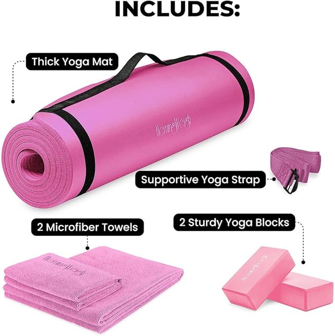 HemingWeigh Thick Yoga Mat Set for Home Workouts, 1/2 Inch Thick Non Slip Mat with Yoga Foam Blocks, Strap, 2 Microfiber Towels, Beginner Friendly