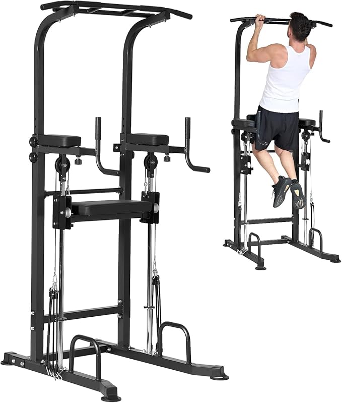 Dland Power Tower Dip Station Pull Up Bar Exercise Tower, Multifunctional Adjustable Height Training Equipment for Home Gym, Free Standing Assisted Fitness Workout Pullup Rack Station Machine
