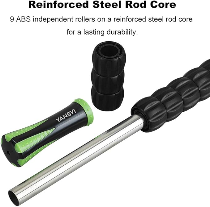 YANSYI 9-Roller Muscle Massage Stick - Deep Tissue Foam Roller for Pain Relief & Recovery, Portable Muscle Roller for Athletes, Back, Legs, Soreness (Black)