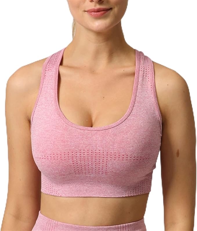 Yoga Set Seamless Women Long Sleeve Blouses Top Gym Sport Bra High Waist Tight Leggings Fitness Suit Shorts Sets (Color : Pink Bra, Size : Small)
