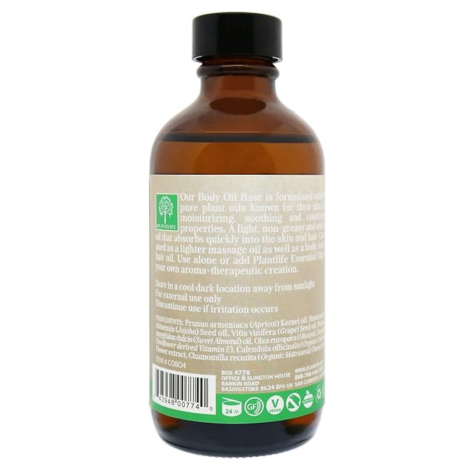 Plantlife Body Oil Base Carrier Oil - Cold Pressed, Non-GMO, and Gluten Free Carrier Oils - for Skin, Hair, and Personal Care - 4 oz