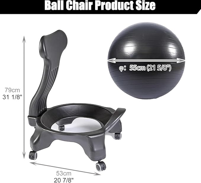Yoga Ball Office Chair, Home Fitness Yoga Ball Chair, Ergonomic Pilates Balls Desk Chairs with Back and Wheels, Portable Exercise Balls Chairs wiht Anti-Slip Stripes, for Gym, Home(Gray)