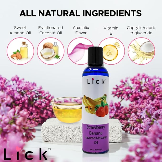 Lick Strawberry Banana Flavored Massage Oil – Sweet Creamy Fruit Edible Massage Oil with Vitamin E, Smooth Body-Safe Glide for Couples Massage & Relaxation, 4 oz