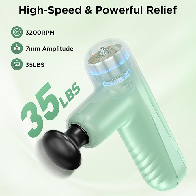 Mini Massage Gun, Powerful Handheld Muscle Massager for Muscle Relaxation, Deep Tissue Percussion Small Massage Gun Travel Massager with 4 Massage Heads Silent Brushless Motor, Green