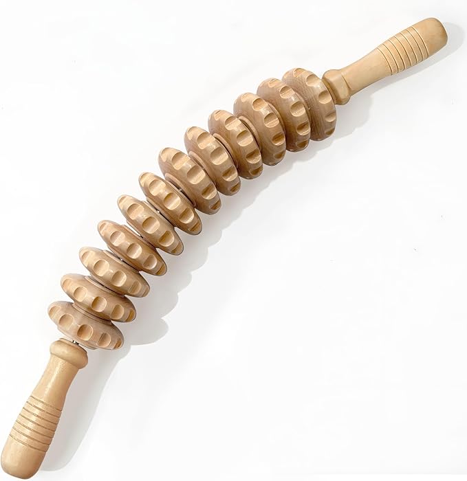 Wooden Curved Handheld Roller Massager Stick- 12 Rollers Wood Therapy Tool for Trigger Point, Fascia & Cellulite Reduction, Lymphatic Drainage, Muscle Tension Relief & Body Shaping (Wood)