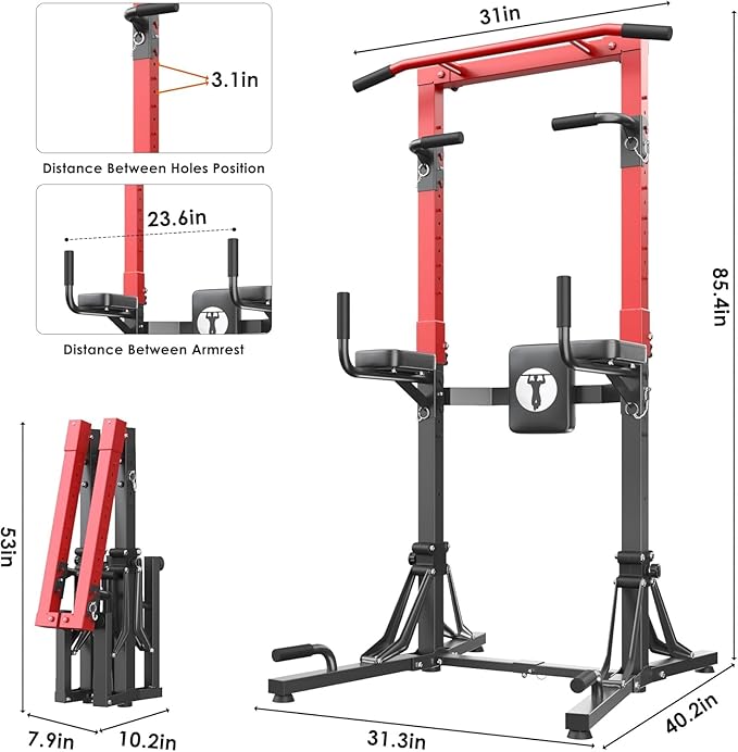soges Foldable Power Tower, Pull Up Bar Station for Home Gym, Power Tower with Adjustable Height & Padded Armrests, Dip Station for Full Body Workout, Strength Training Equipment, 330 LBS