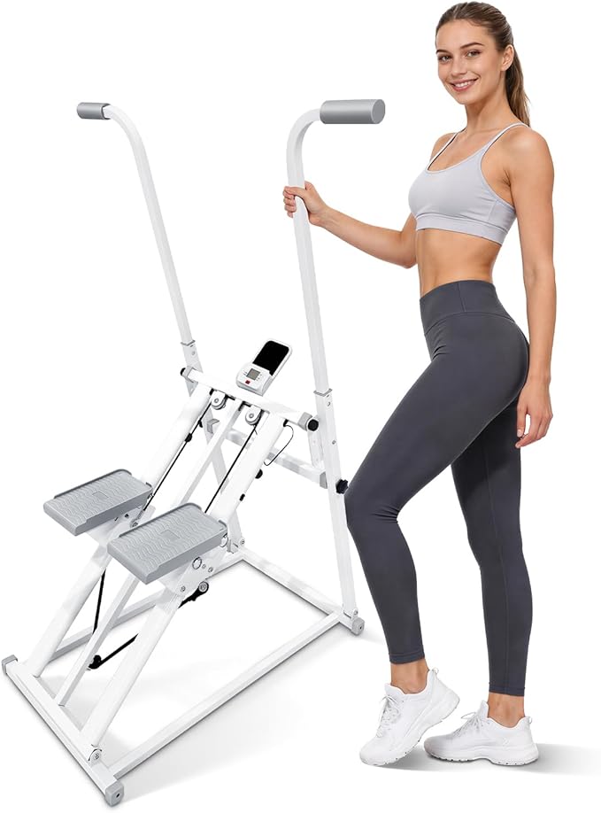 Foldable Stair Stepper Machine with Handles - Adjustable Stepper for Home Cardio, Low Impact Workout Equipment for Legs, Glutes & Weight Loss - Compact Stepping Machine, Easy Assembly White
