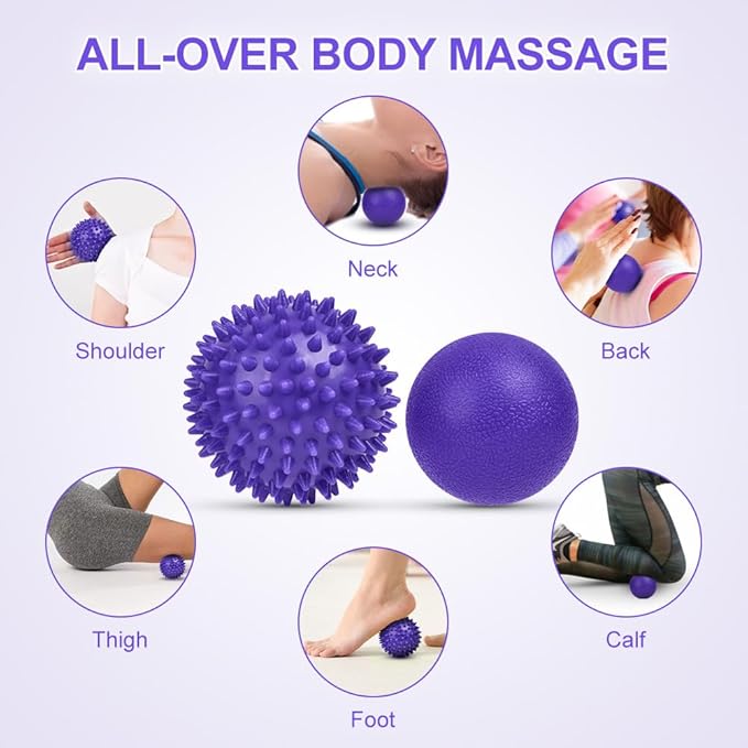 URAQT Spiky Massage Ball Set, 2 Pack Physical Therapy Massage Balls, Hard Lacrosse Ball & Spiky Massage Ball for Myofascial Release and Trigger Point Deep Tissue Massage (Purple)