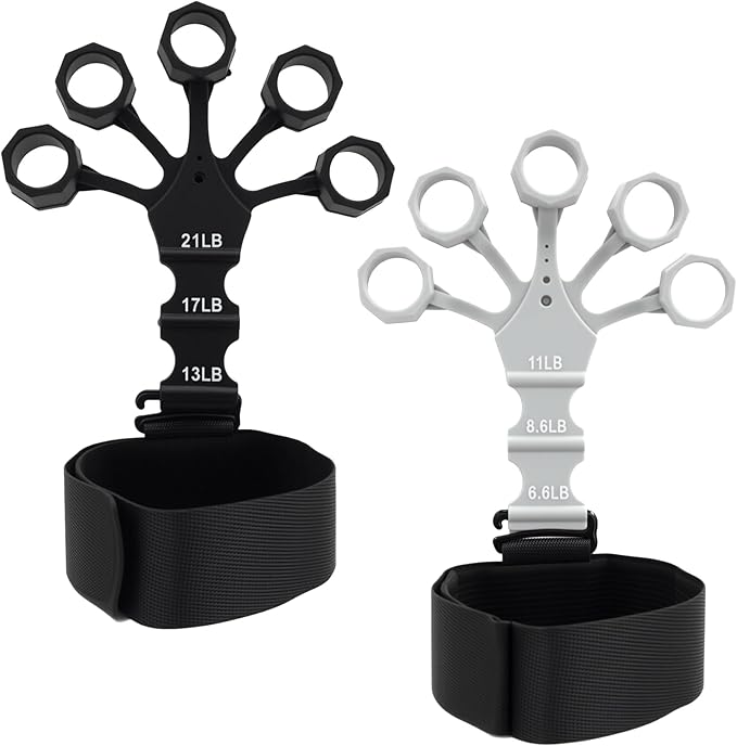 2PCS Grip Strength Trainer, Finger Exerciser, Double Sided Grip Strength Trainer for Rock Climbing and Hand Therapy, Adjustable Finger Extension Exerciser Builds Hand Strength for Relieve Pain(Black+Grey)