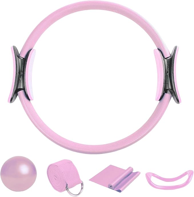 Pilates Circle Ring, 15" Durable 5 Pack Pilates Ring and Ball Set with Mini Ball,Resistance Bands,Magic Circle,Yoga Strap,Pilates Circle Equipment for Toning Legs,Arms,Core,Inner Thighs