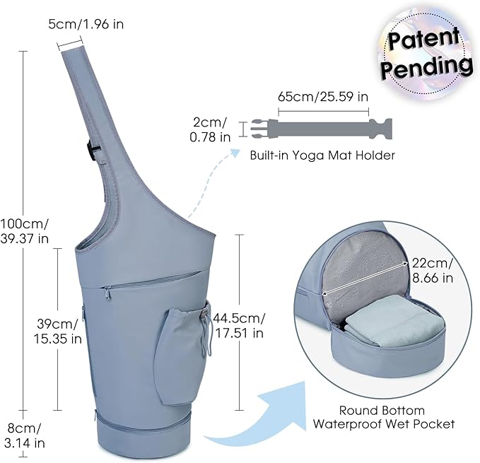 sportsnew Yoga Mat Bag, Large Opening Long Tote Yoga Mat Carrier Holder Bag with Waterproof Wet Pocket and Drawstring Water Bottle Pocket, Adjustable Shoulder Strap Storage Bag, patent pending
