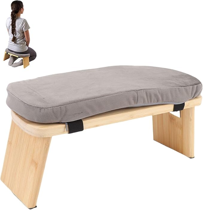 YUYTE Wooden Meditation Bench Ergonomic Meditation Stool, Detachable Kneeling Chair for Yoga with Soft Cushion Carry Bag, Home and Travel (Grey)
