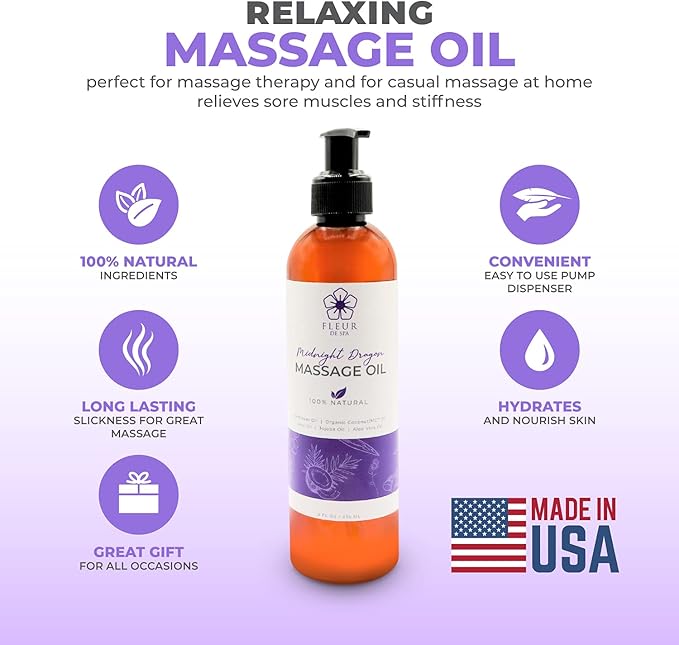 Massage Oil 8oz Pump by FLEUR DE SPA – Luxurious Therapeutic Body Oil – Made in USA – Safflower & Organic Coconut with Acai Berry – Soothes Sore Muscles, Relieves Stiffness, Anti-Cellulite