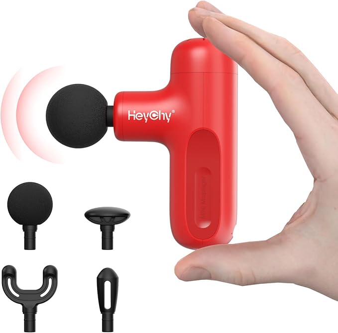 Super Mini Massage Gun Deep Tissue, Handheld Muscle Massager with 4 Heads, Percussion Travel Size Massager Gun for Men & Women Back Pain Relief, Quiet for Home, Gym, Office, Red