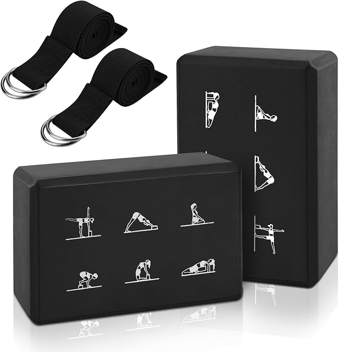 2 Yoga Block and 2 Yoga Strap Set,Non-slip EVA Foam Blocks, High Density Yoga Bricks with 6ft Strap, Supportive Latex-Free Yoga Block Accessories for Pilates