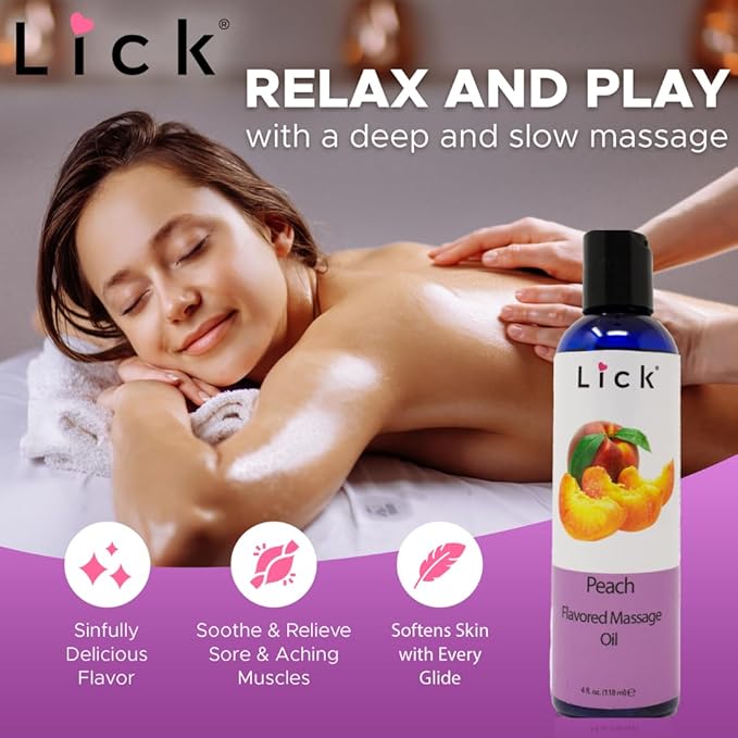 Lick Peach Flavored Massage Oil – Sweet Juicy Edible Massage Oil with Sweet Almond Oil & Vitamin E, Lightweight Glide for Couples Massage & Relaxation, 4 oz