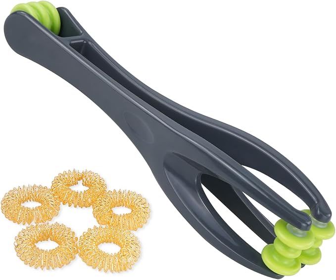 cotsoco 2-in-1 Finger Massager Roller for Pain Relief, Stress, Arthritis & Circulation, Dual-Sided Therapy Tool for Carpal Tunnel with 5 Pcs Acupressure Massage Rings, for Hands, Palm & Wrist, Grey