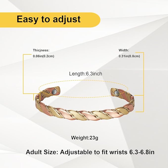 Copper Magnetic Bracelet for Women, Pure Copper Two-Color Gold Braid Adjustable Bracelet, Fashsion Jewelry Presents (0993)