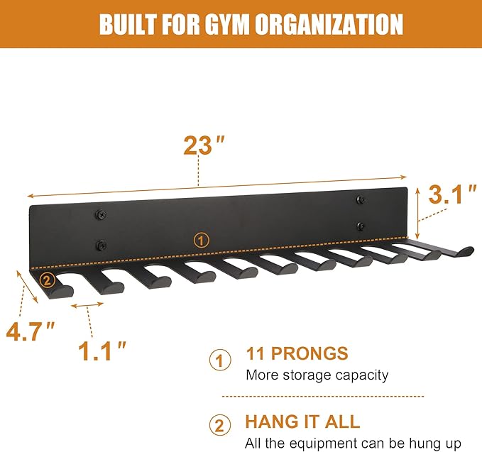 Multi-Purpose Heavy Duty Gym Storage Rack - 11 Hooks for Resistance Bands, Straps, Jump Ropes, Foam Rollers, Weight Belts, Tools (L-23")