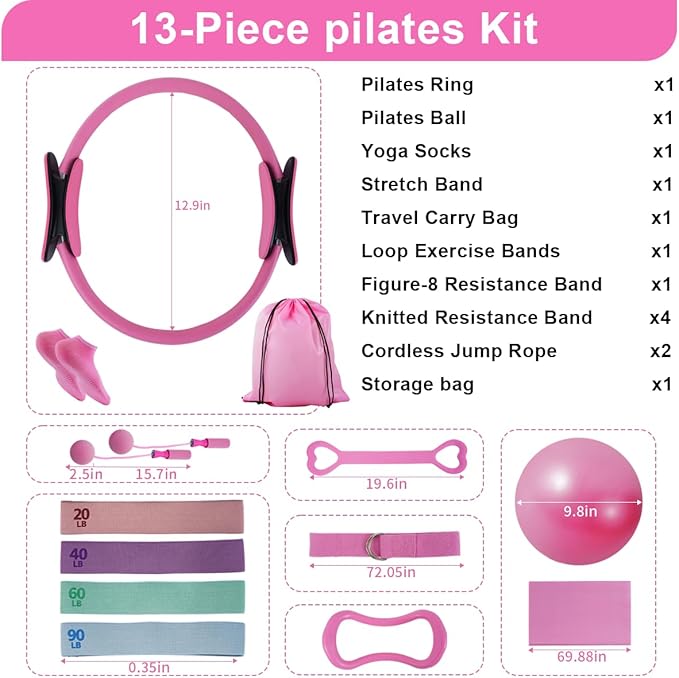 Pilates Equipment Kit for Women, Magic Circle Ring with Mini Ball, Multi Level Resistance Bands, Stretch Strap and Grip Socks, Women’s Day Gift