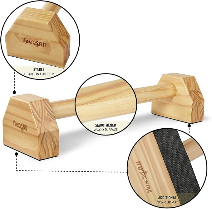 Yes4All Steel/Solid Wood Push Up Stand Parallel Bars Parallettes Non-slip Rubber Feet For Floor Use, Supports Calisthenics Exercises and Upper Body Strength Workouts Perfect For Men And Women