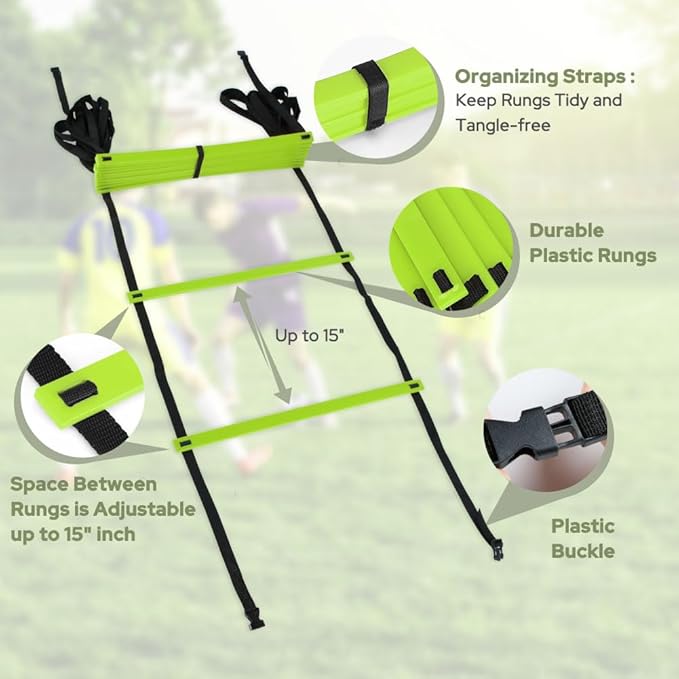 GHB Agility Ladder 1 Pack and Hex Agility Rings 1 Pack 12 Rung 20ft with 3 Carrying Bag
