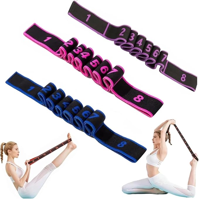 Elastic Yoga Stretching Strap with Loops, 3Pcs Yoga Strap Numbered Resistance Band 8-Section Elastic Training Bands (Pink + Blue + Purple)